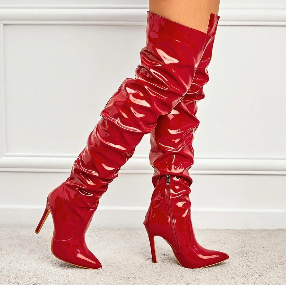 PLT Red Patent Leather Thigh High Slouch Pointed Toe Over The Knee Boots 10 - Picture 3 of 11